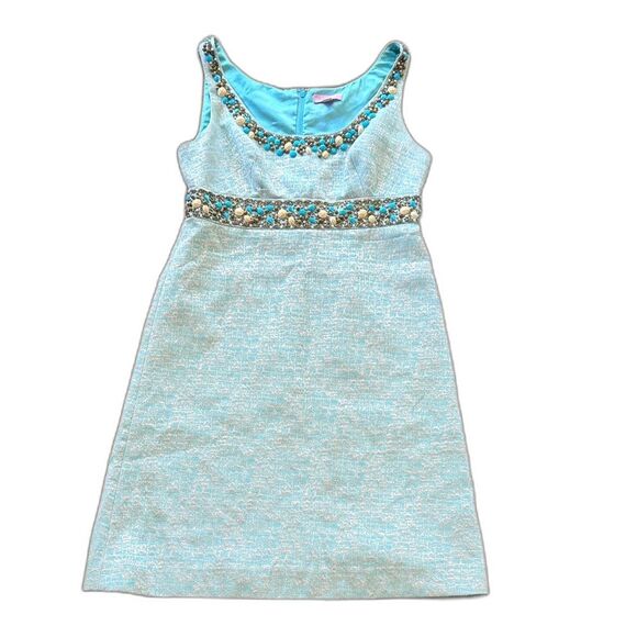 Lilly Pulitzer Strapless Beaded Dress in Aqua and Gold - Picture 1 of 8